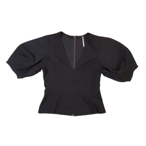 Free People Women's‎ Black Terry Bubble Sleeve V- Neck Back Zipper Blouse Small
